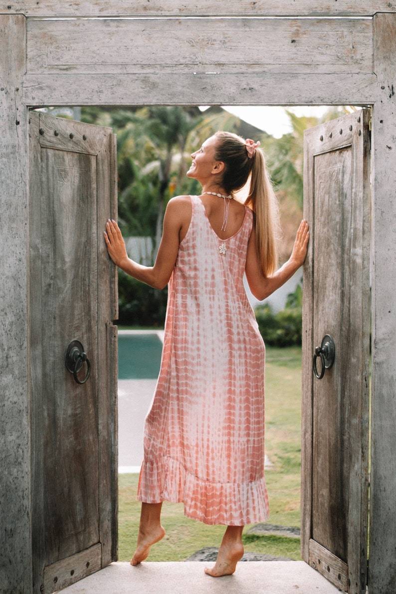 Maxi Tie Dye dress, Loose fit dress with pockets, handmade tie dye kaftan Striped linen