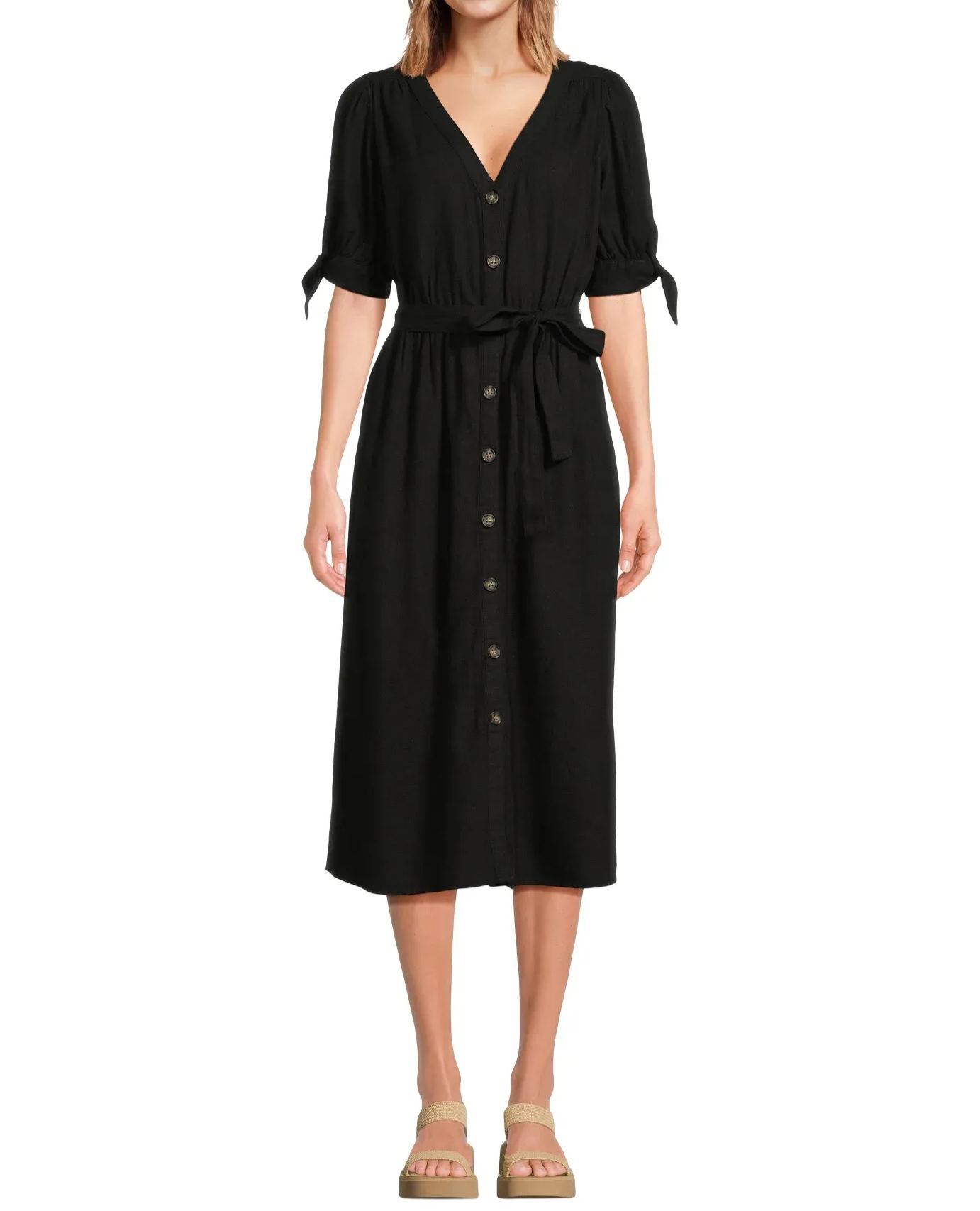 Women Tie Sleeve Linen Blend Midi Dress