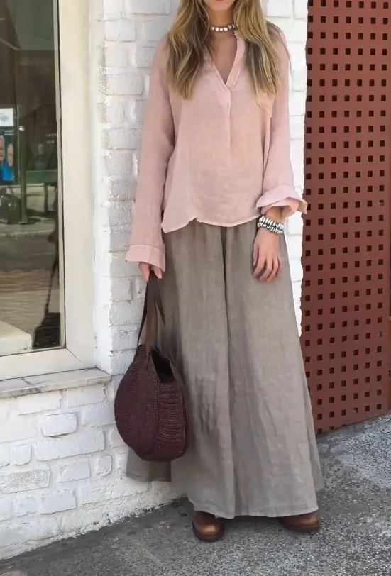 Cotton and linen solid color loose top + elastic waist wide-leg trousers