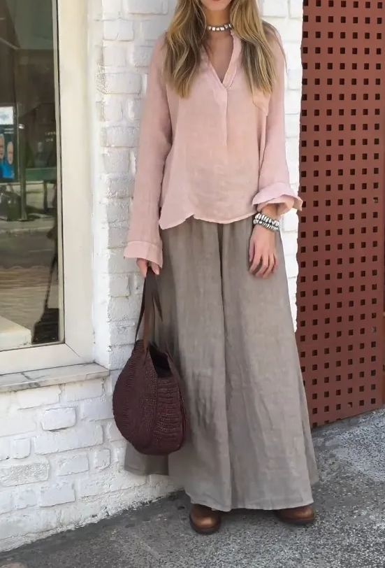 Cotton and linen solid color loose top + elastic waist wide-leg trousers