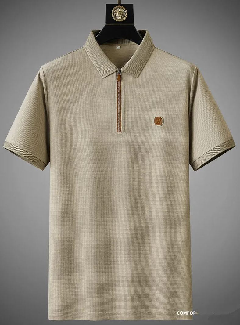 Zip-up Polo Jersey Short Sleeve Leather Logo Tee
