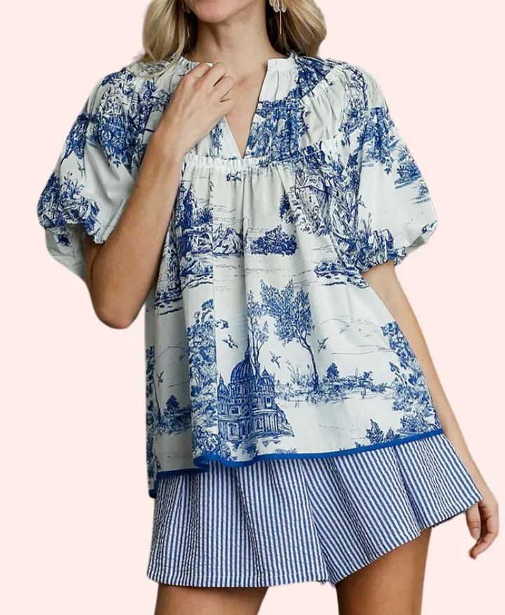 V-neck puff sleeve printed short-sleeved shirt