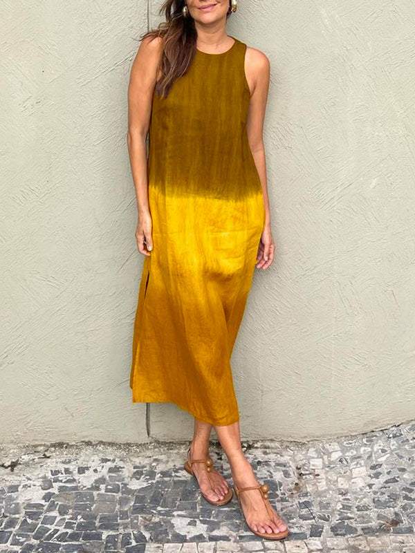 Women's casual cotton and linen sleeveless slit gradient tie-dye long dress（BUY 2 GRT FREE SHIPPING)