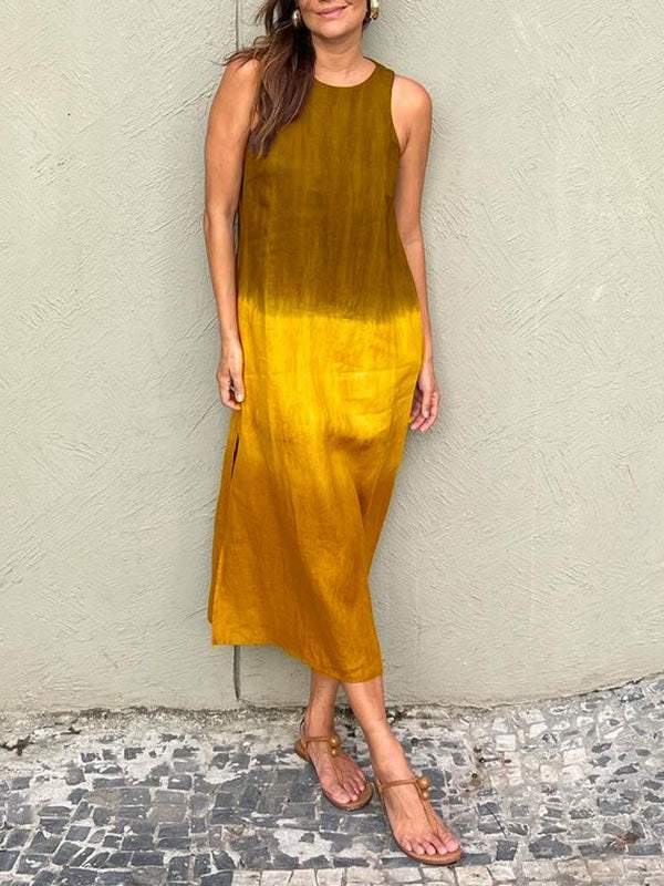 Women's casual cotton and linen sleeveless slit gradient tie-dye long dress（BUY 2 GRT FREE SHIPPING)