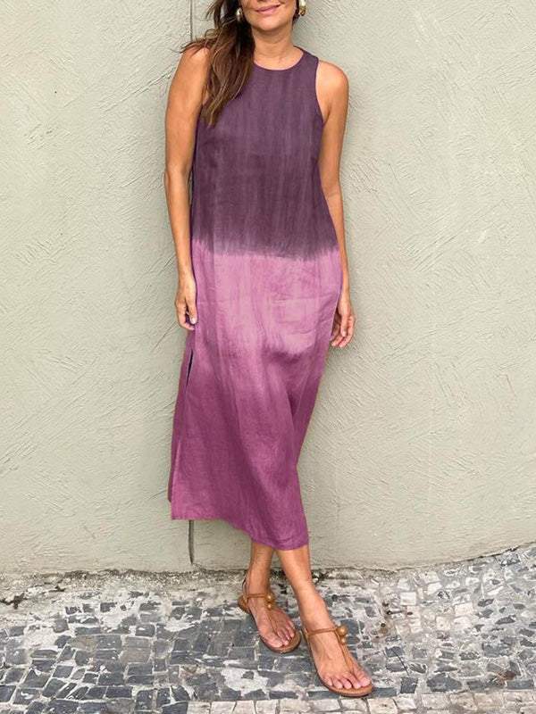 Women's casual cotton and linen sleeveless slit gradient tie-dye long dress（BUY 2 GRT FREE SHIPPING)