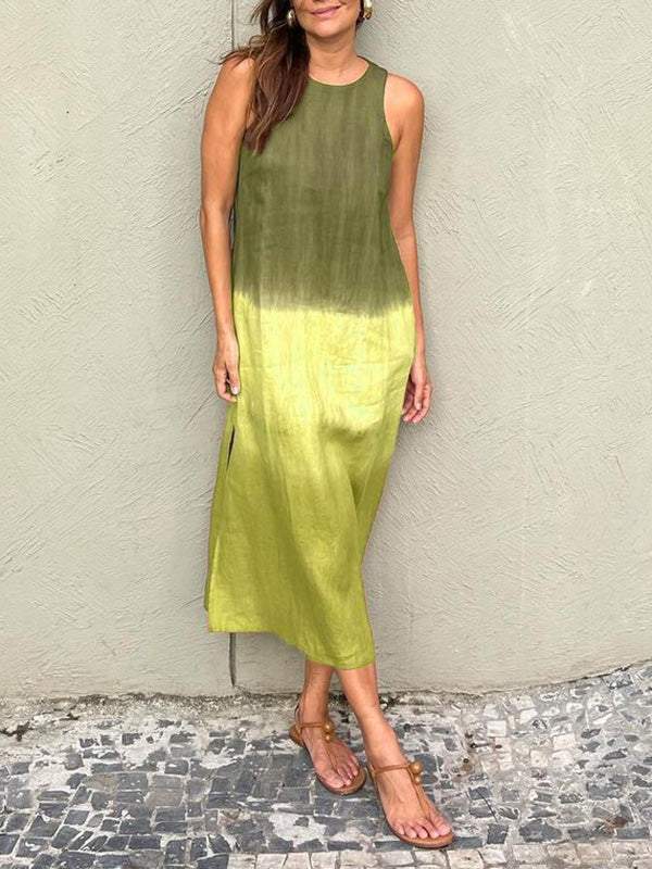 Women's casual cotton and linen sleeveless slit gradient tie-dye long dress（BUY 2 GRT FREE SHIPPING)