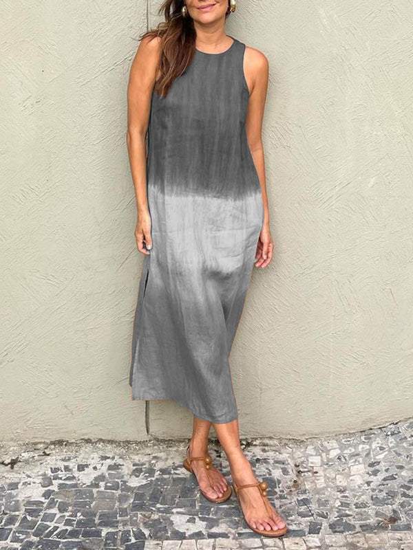 Women's casual cotton and linen sleeveless slit gradient tie-dye long dress（BUY 2 GRT FREE SHIPPING)