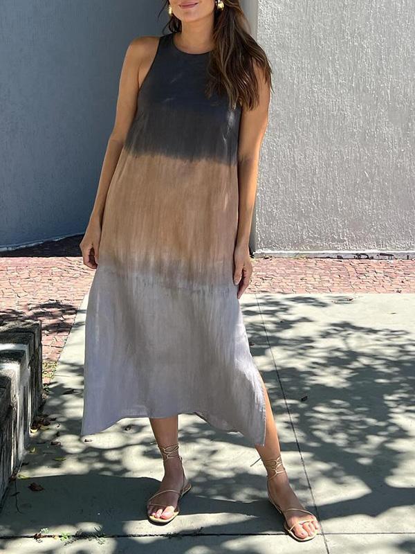 Women's casual cotton and linen sleeveless slit gradient tie-dye long dress（BUY 2 GRT FREE SHIPPING)