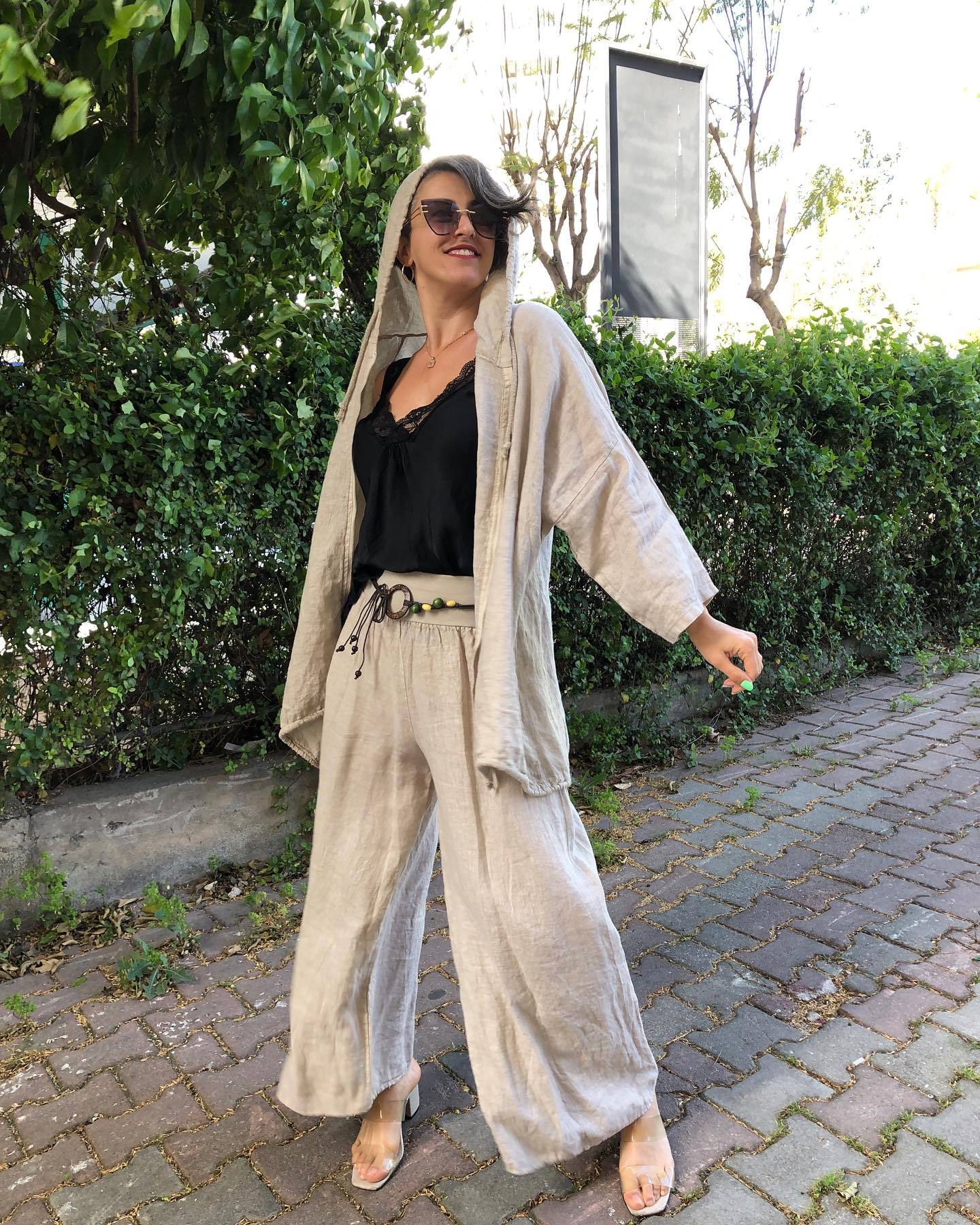 Women's cotton and linen solid color sun protection jacket & wide-leg pants