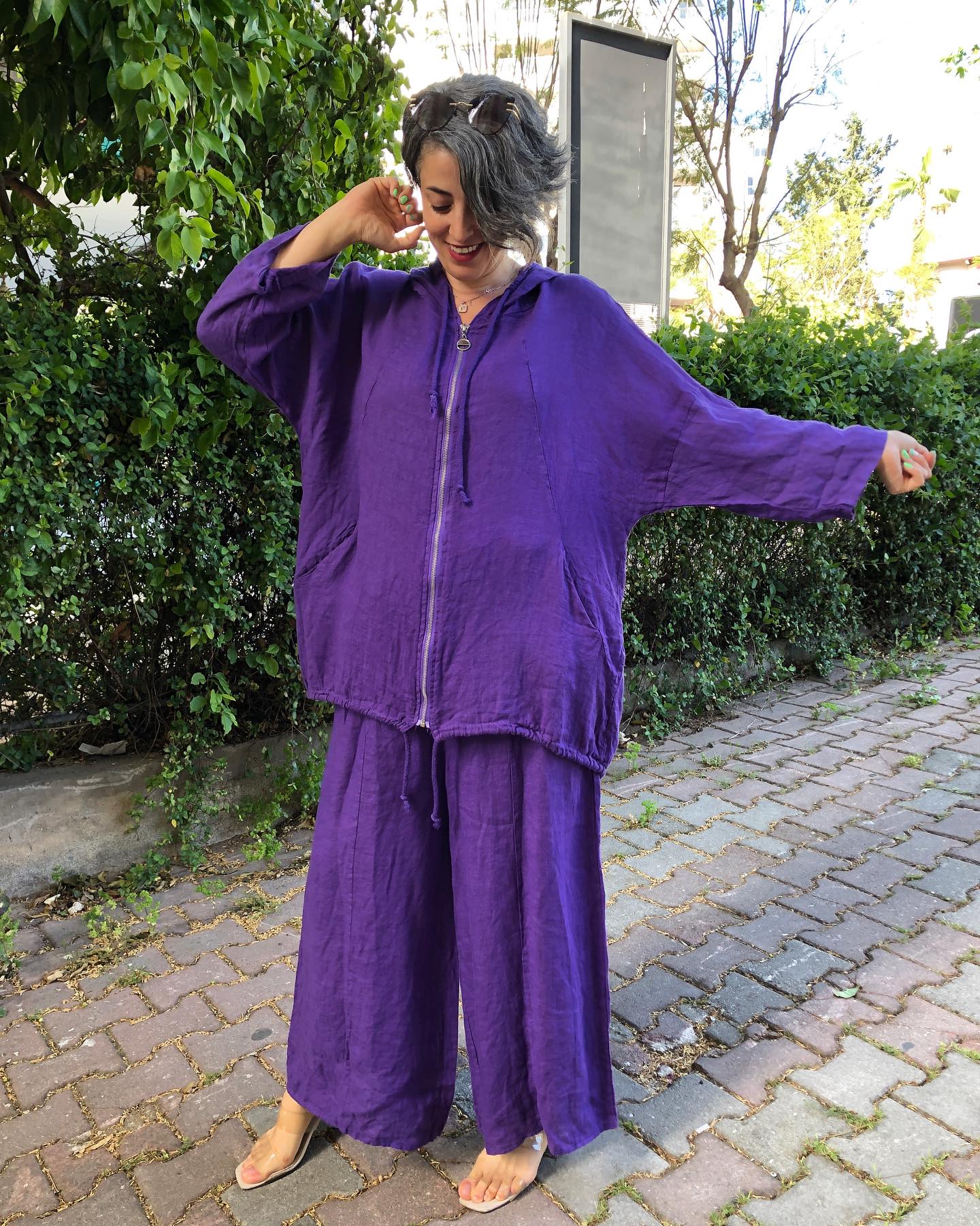 Women's cotton and linen solid color sun protection jacket & wide-leg pants