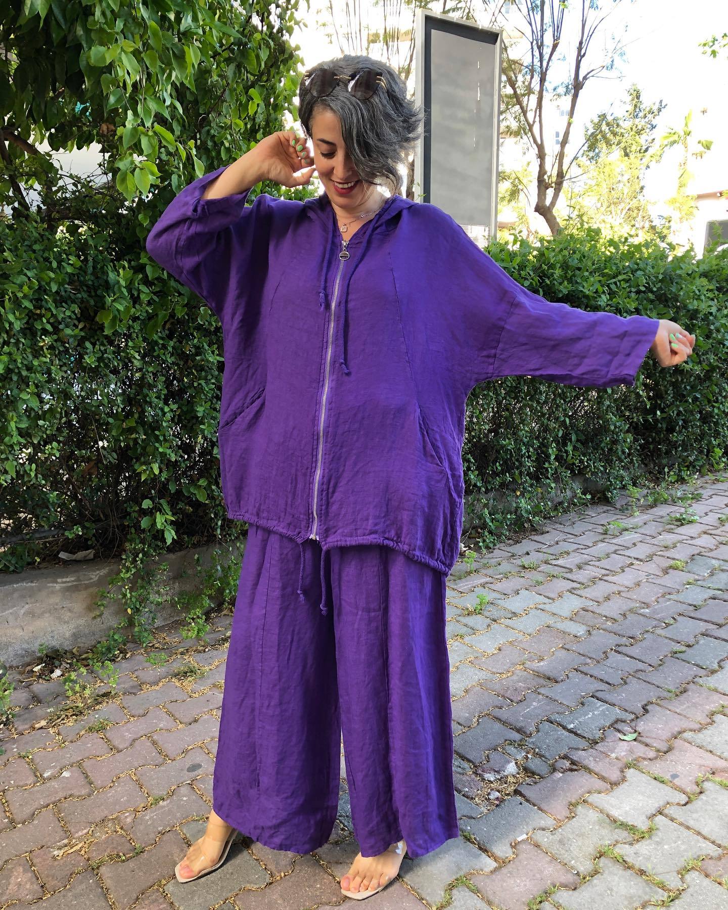 Women's cotton and linen solid color sun protection jacket & wide-leg pants