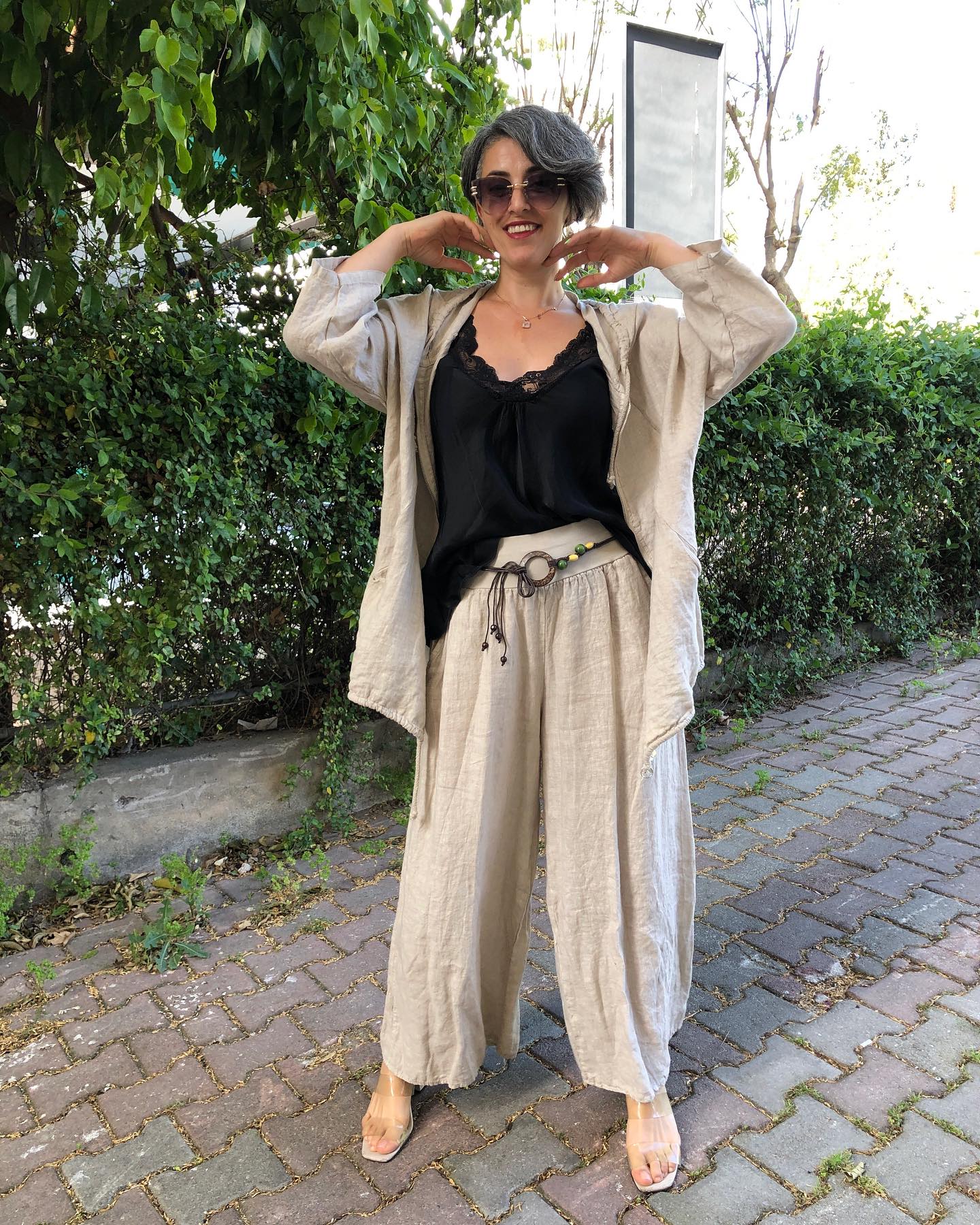 Women's cotton and linen solid color sun protection jacket + wide-leg 