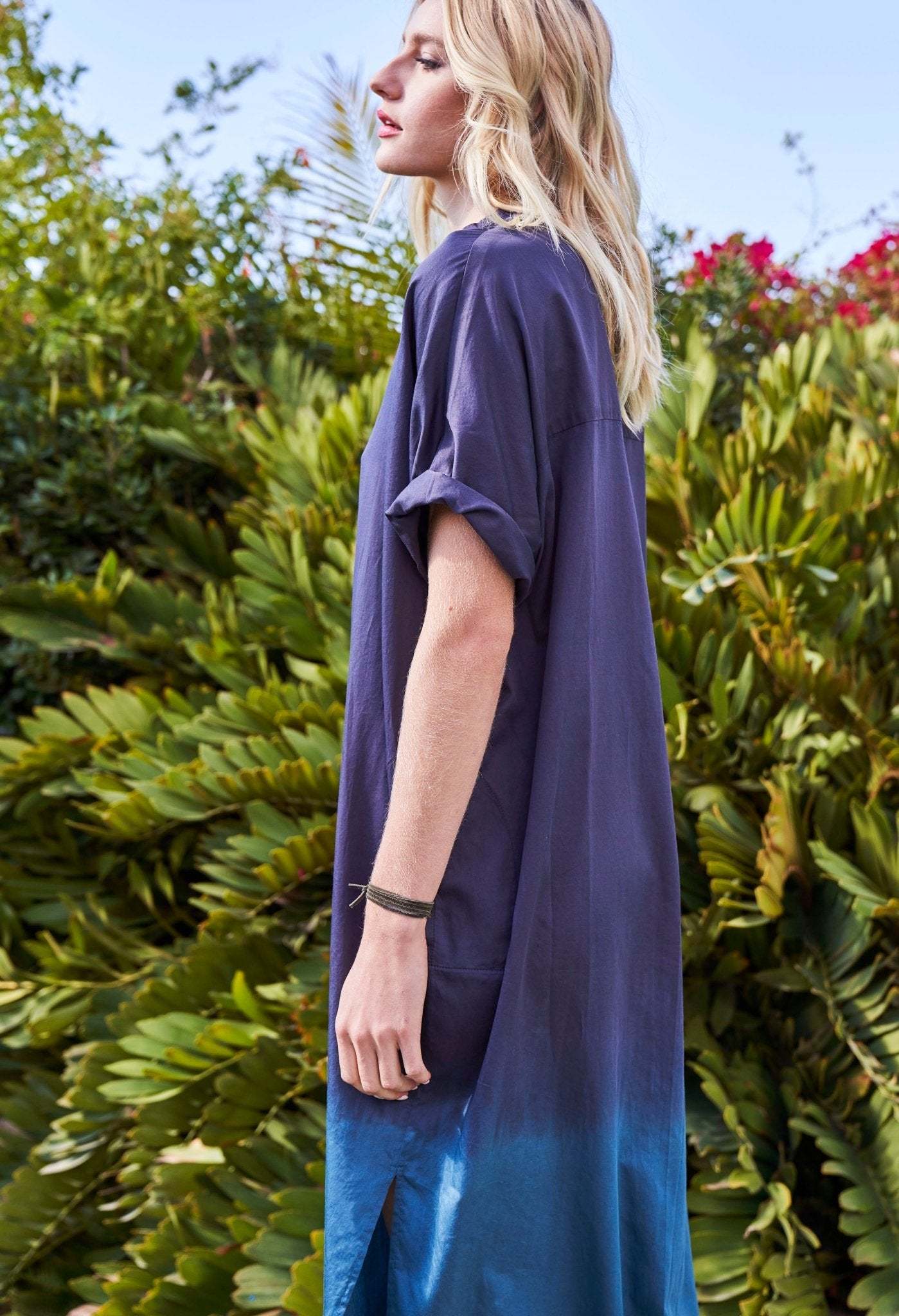 Navy Teal Dip Dyed Cotton Long Easy Dress - Sale