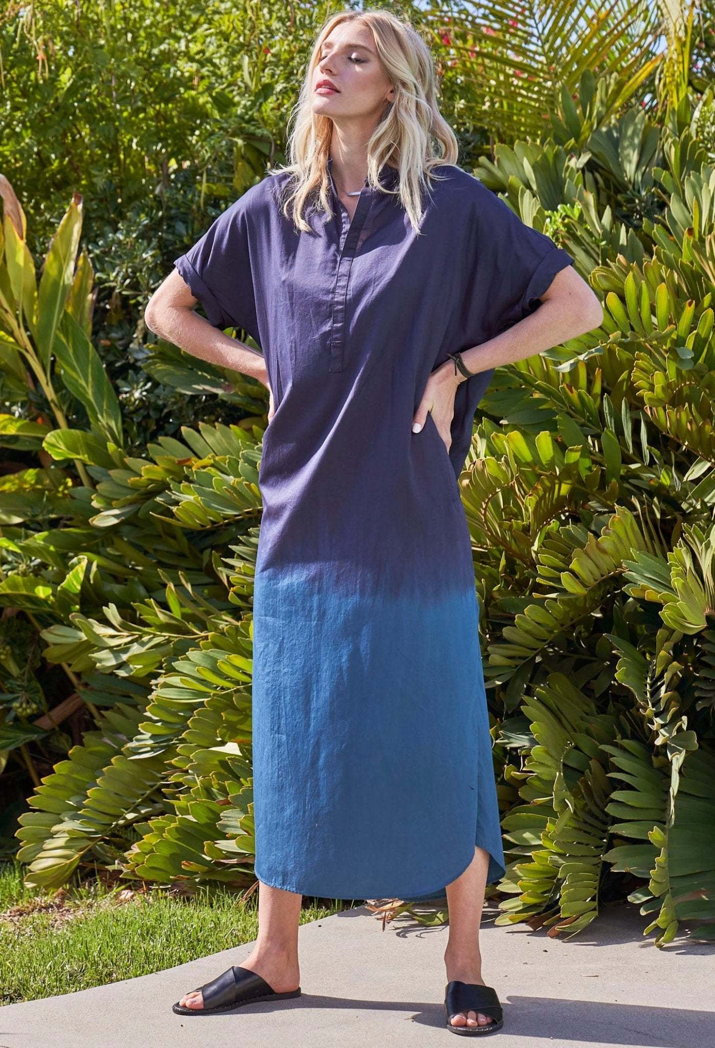 Navy Teal Dip Dyed Cotton Long Easy Dress - Sale