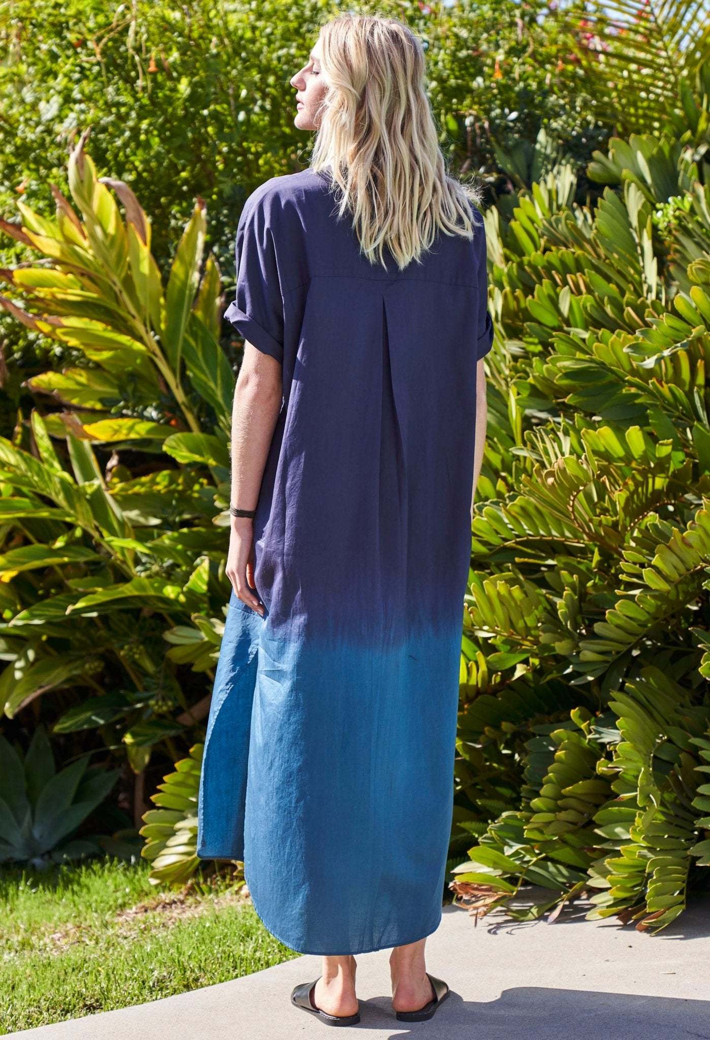 Navy Teal Dip Dyed Cotton Long Easy Dress - Sale