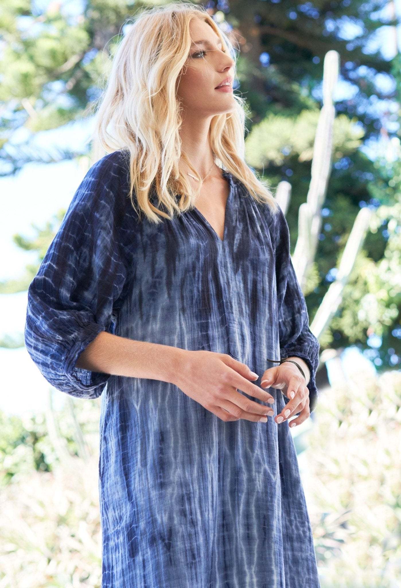 Navy Tide Print Gauze Dress with Pockets