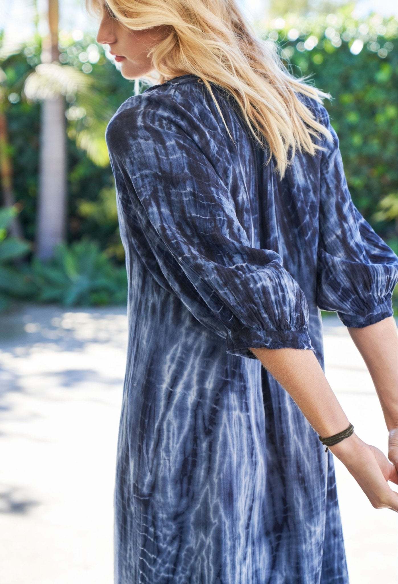 Navy Tide Print Gauze Dress with Pockets