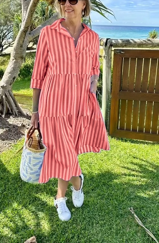 2025 Spring and Summer Shirt Collar Striped Print Dress