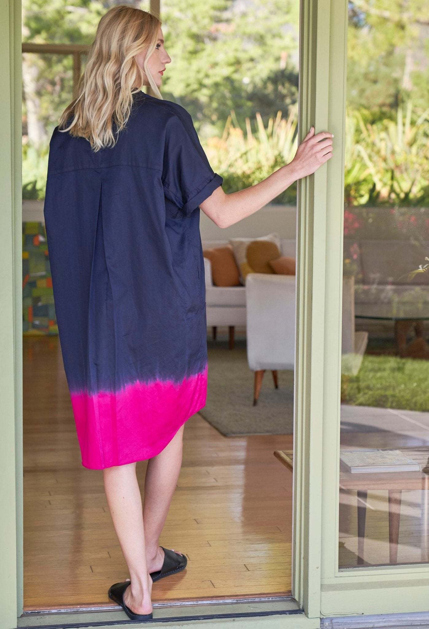 Short Dip Dye Navy Fuchsia Cotton Easy Shirt Dress - Sale