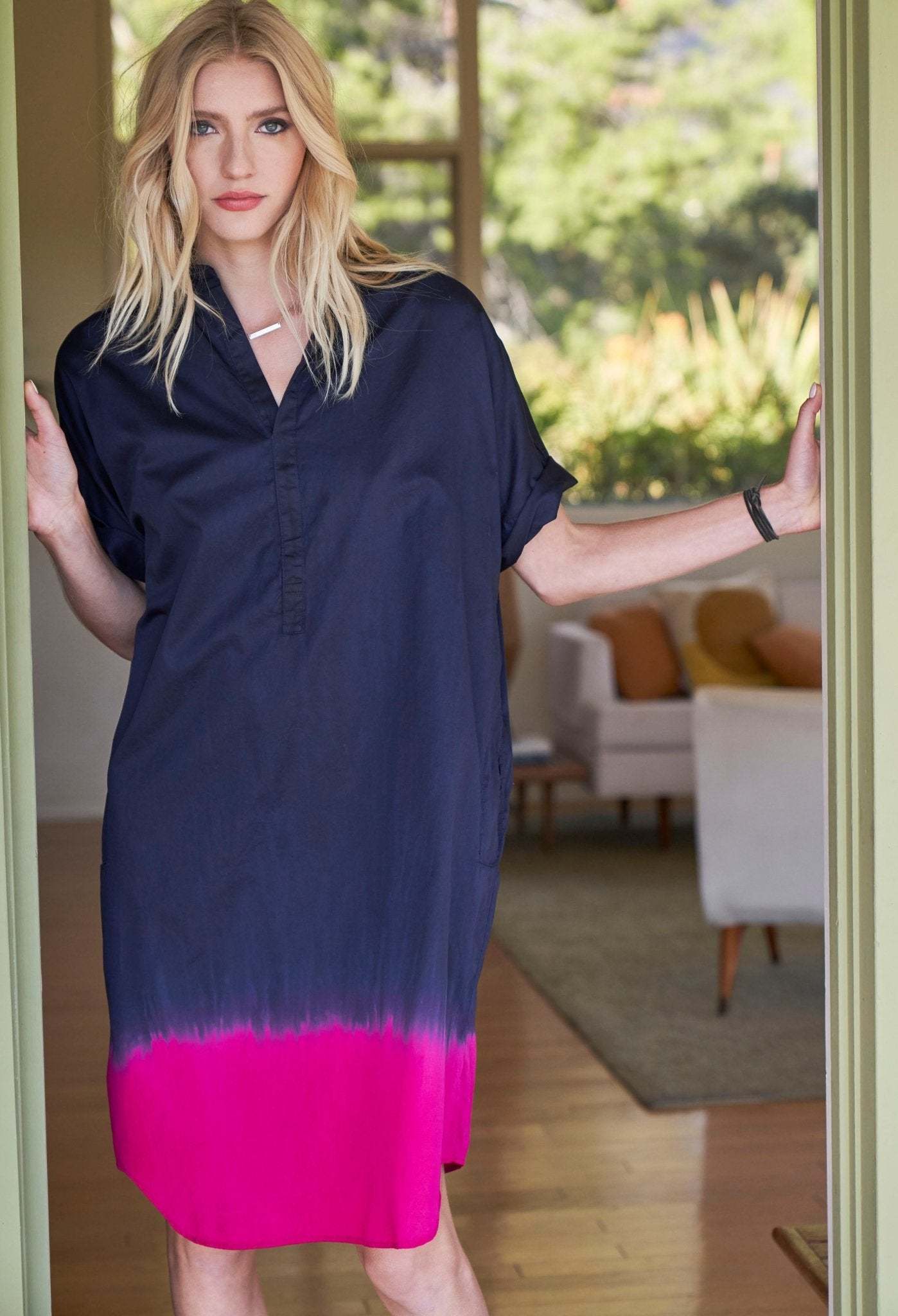 Short Dip Dye Navy Fuchsia Cotton Easy Shirt Dress - Sale