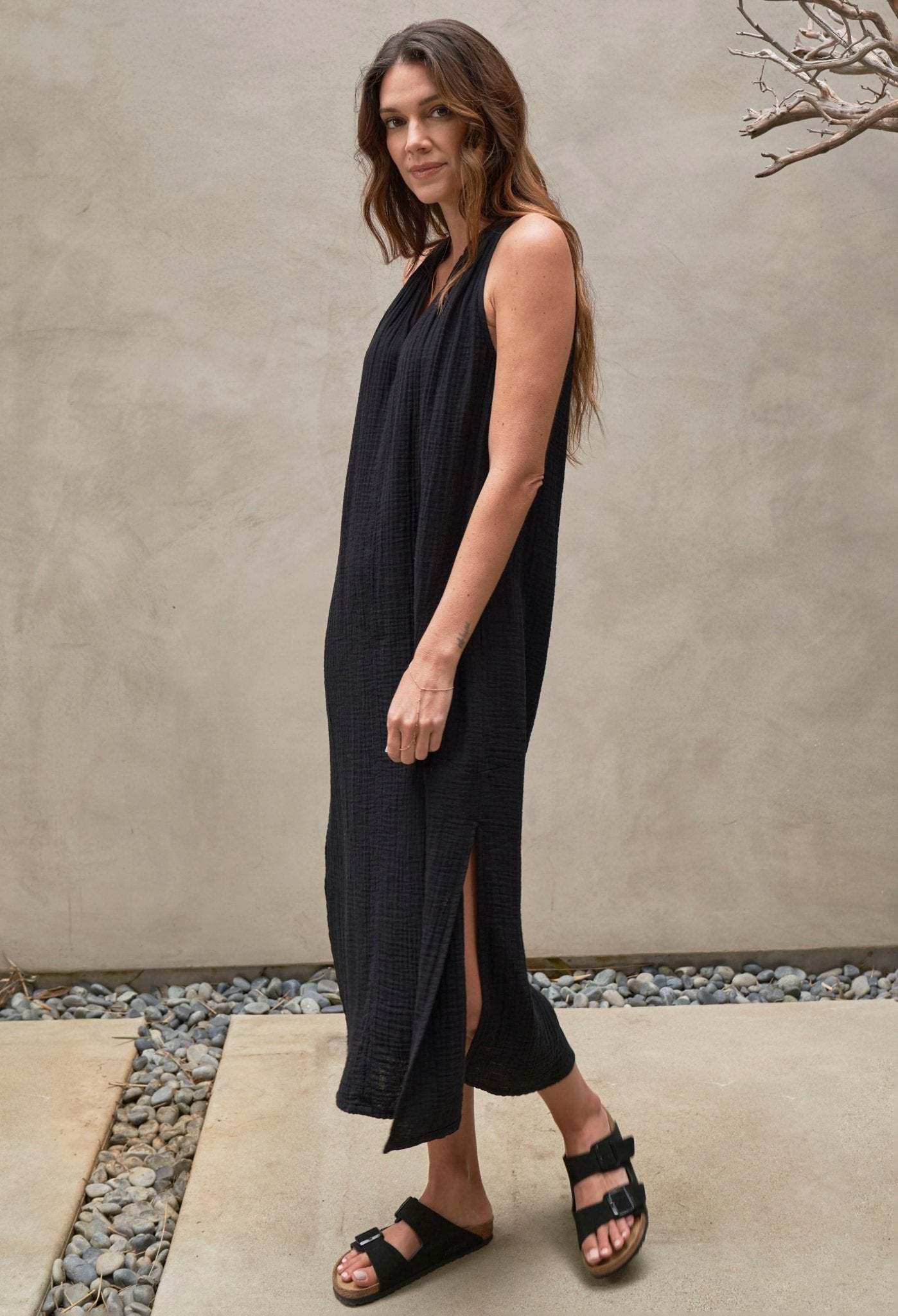 Sleeveless Black Gauze Midi Dress with Pockets