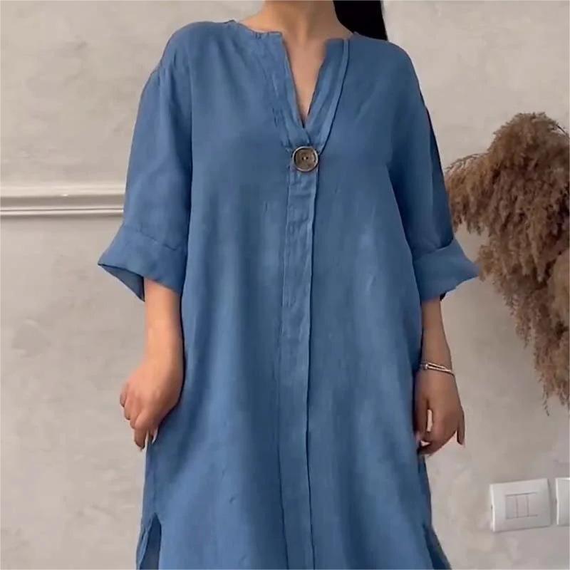 Comfortable cotton and linen long-sleeved dress