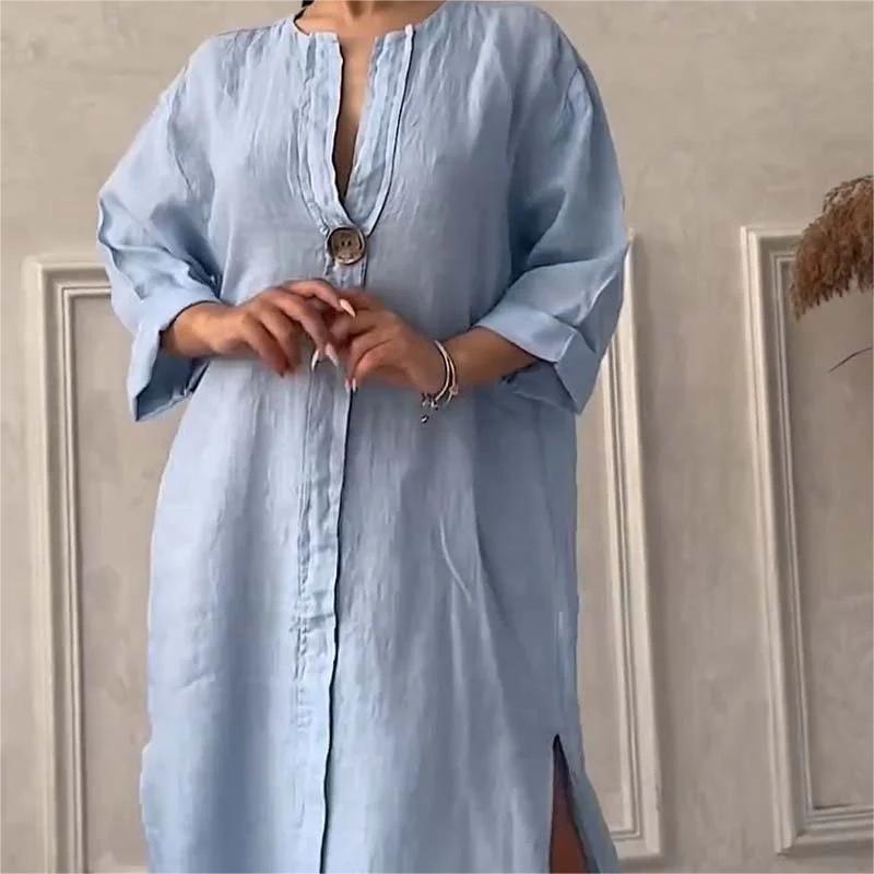 Comfortable cotton and linen long-sleeved dress