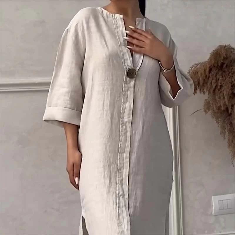Comfortable cotton and linen long-sleeved dress
