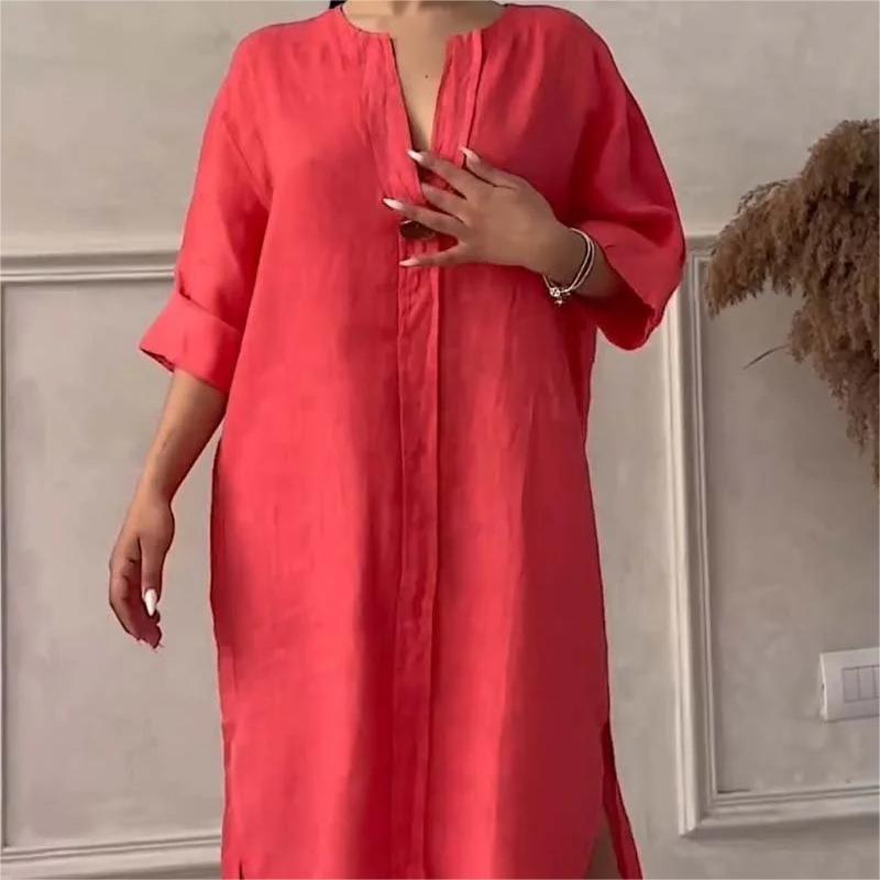 Comfortable cotton and linen long-sleeved dress
