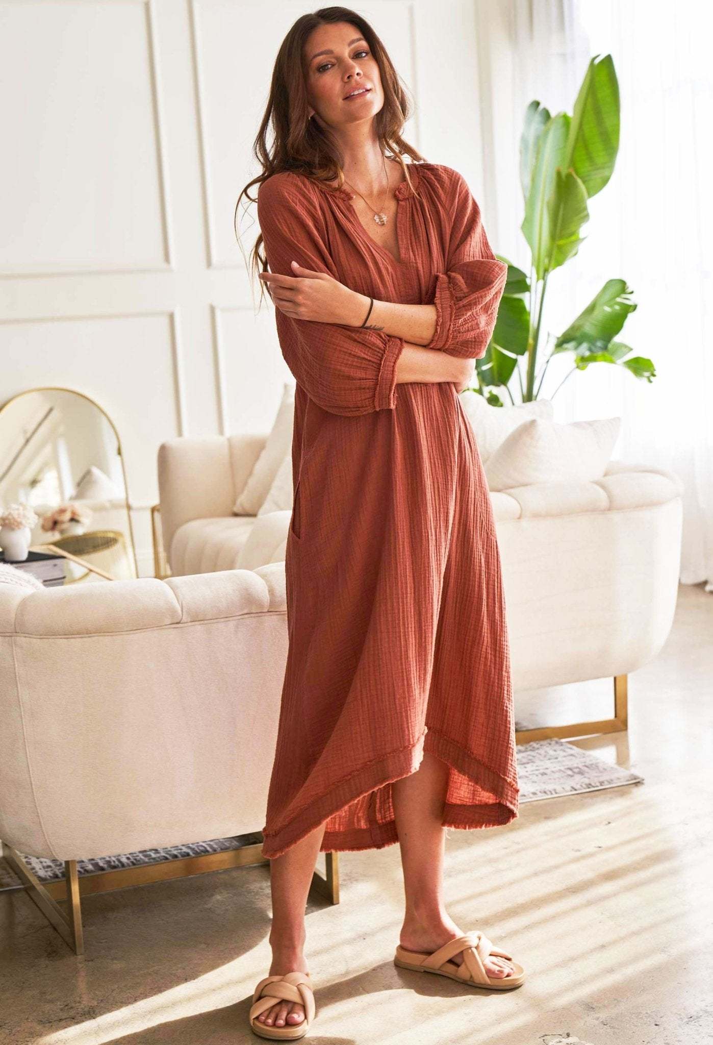 Terracotta Gauze Dress with Pockets