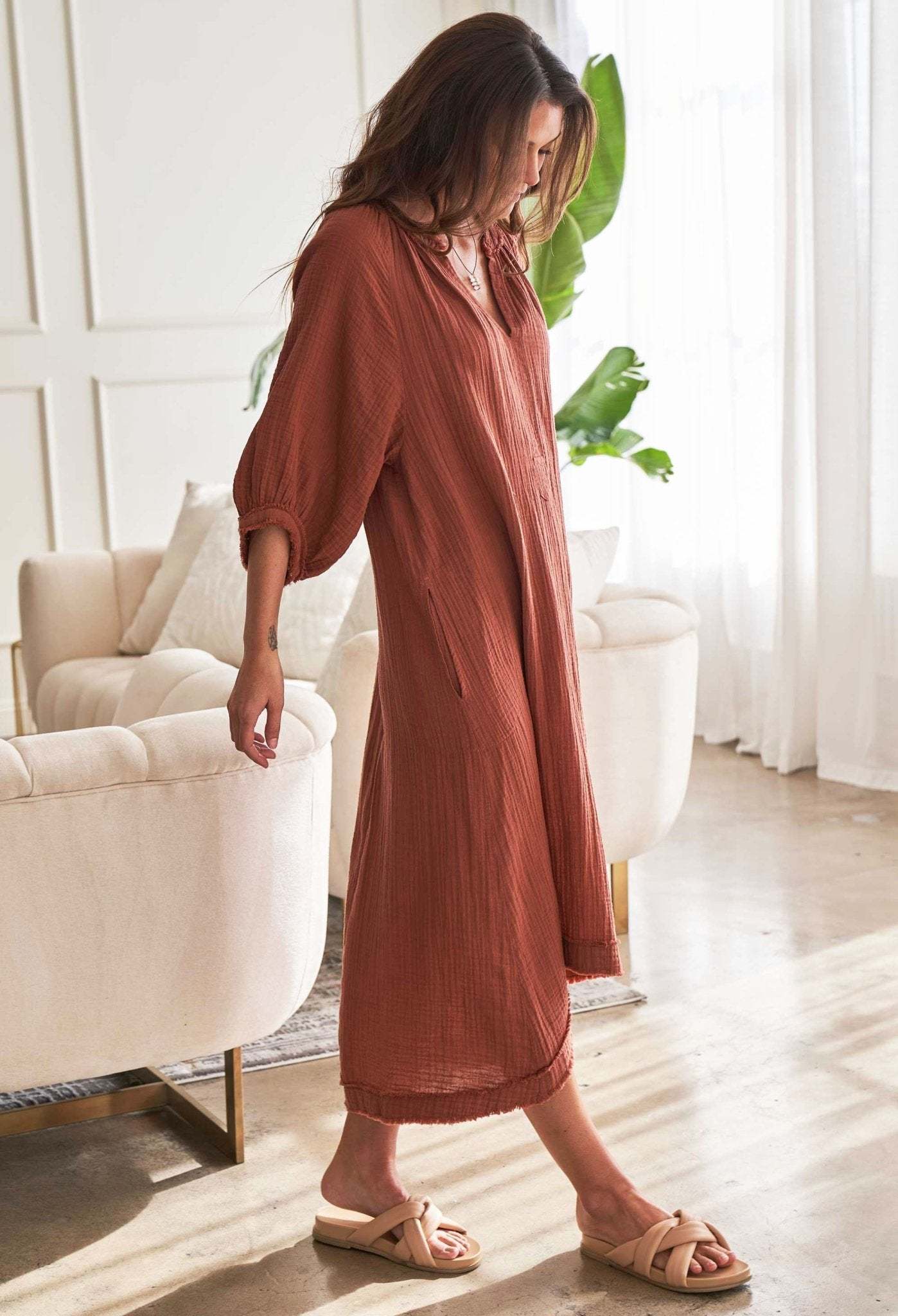 Terracotta Gauze Dress with Pockets