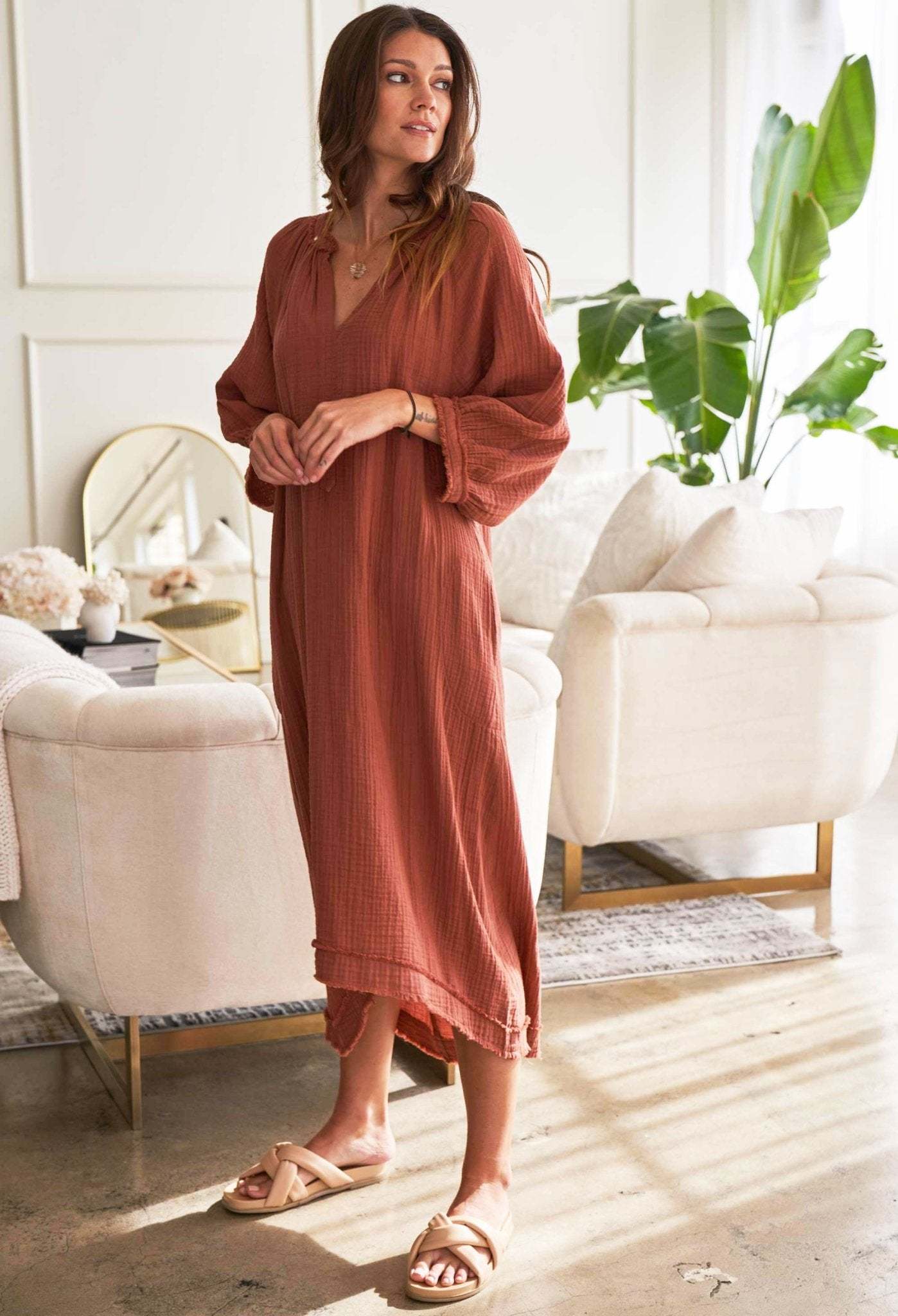 Terracotta Gauze Dress with Pockets
