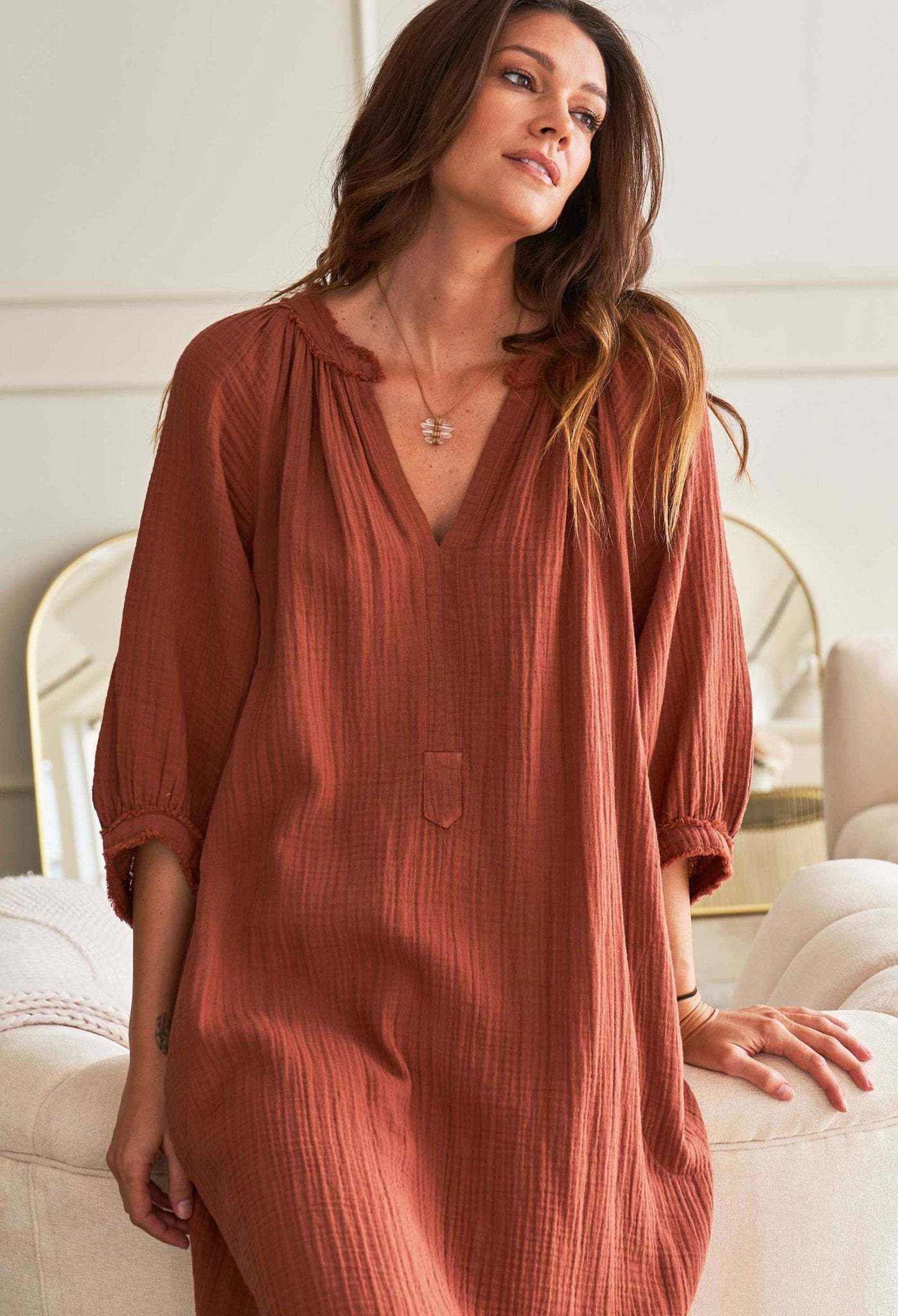 Terracotta Gauze Dress with Pockets
