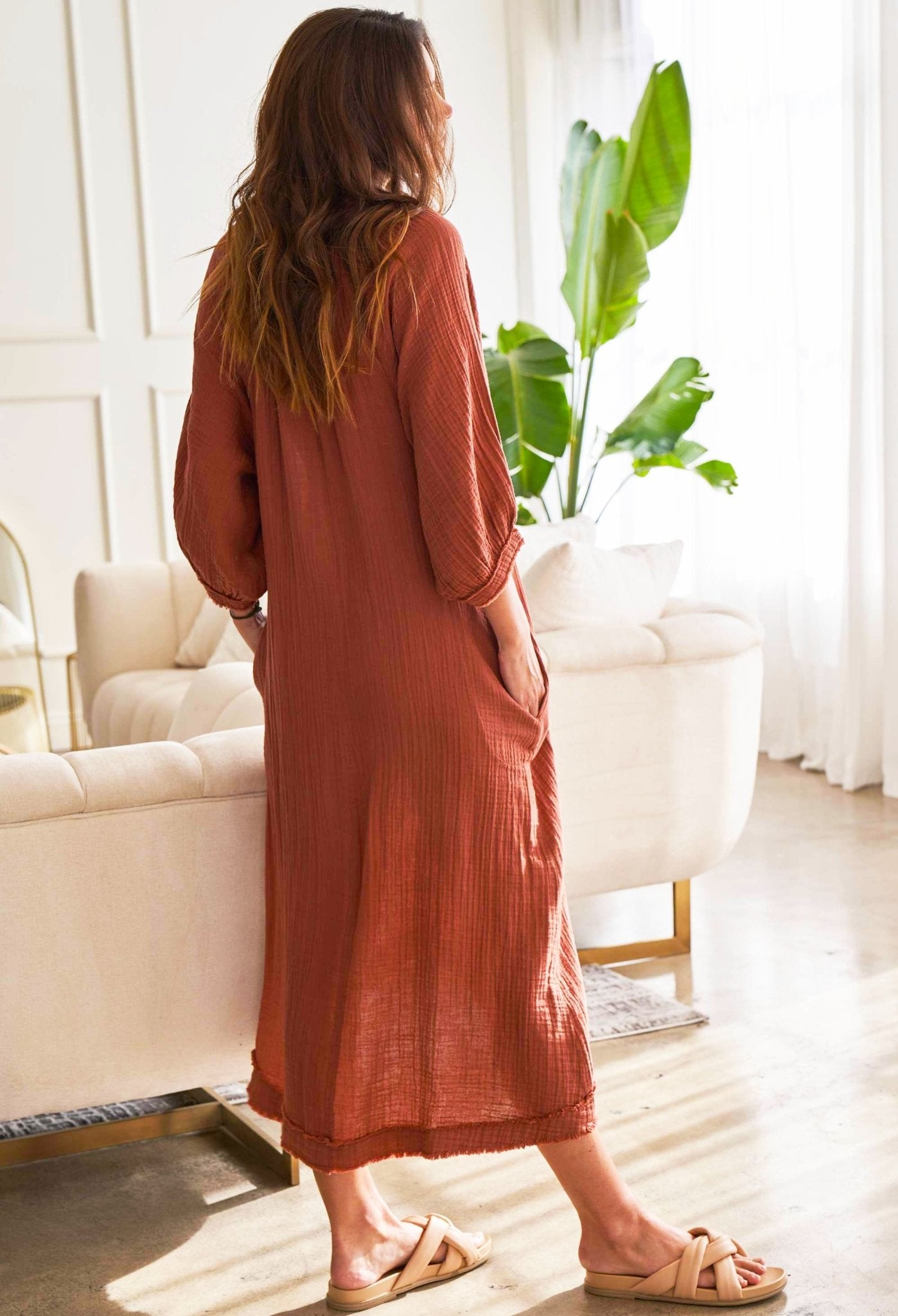 Terracotta Gauze Dress with Pockets