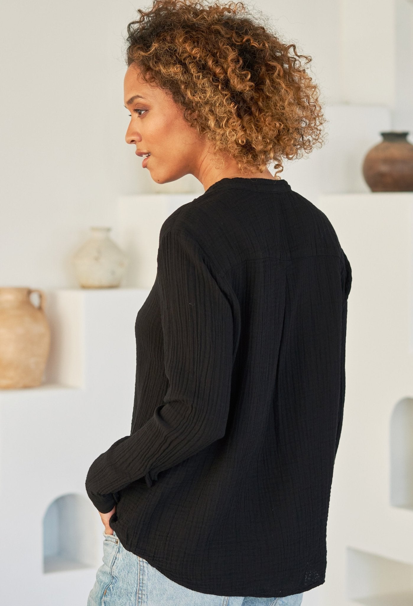 The Perfect Button Front Cotton Top in Black