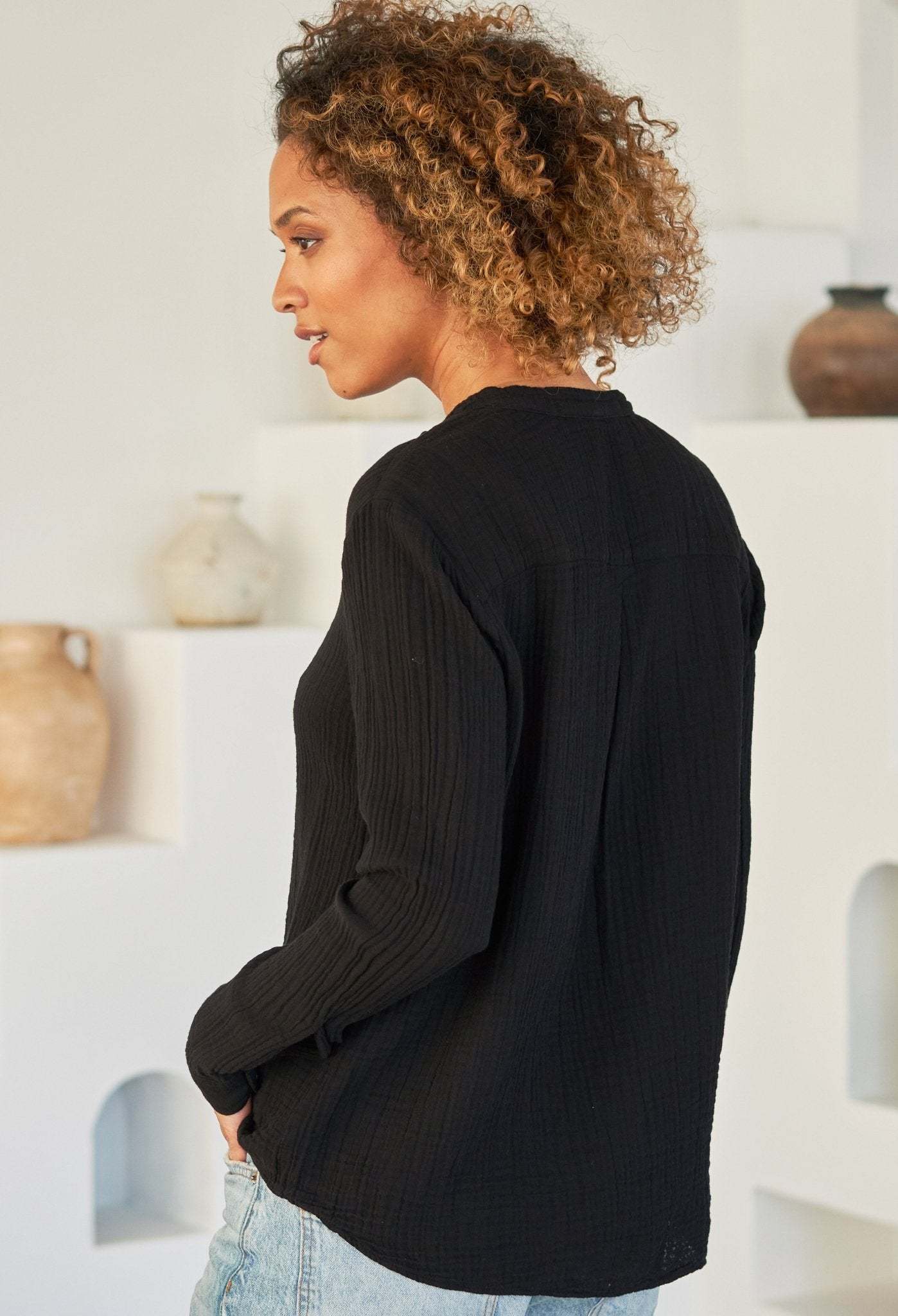 The Perfect Button Front Cotton Top in Black