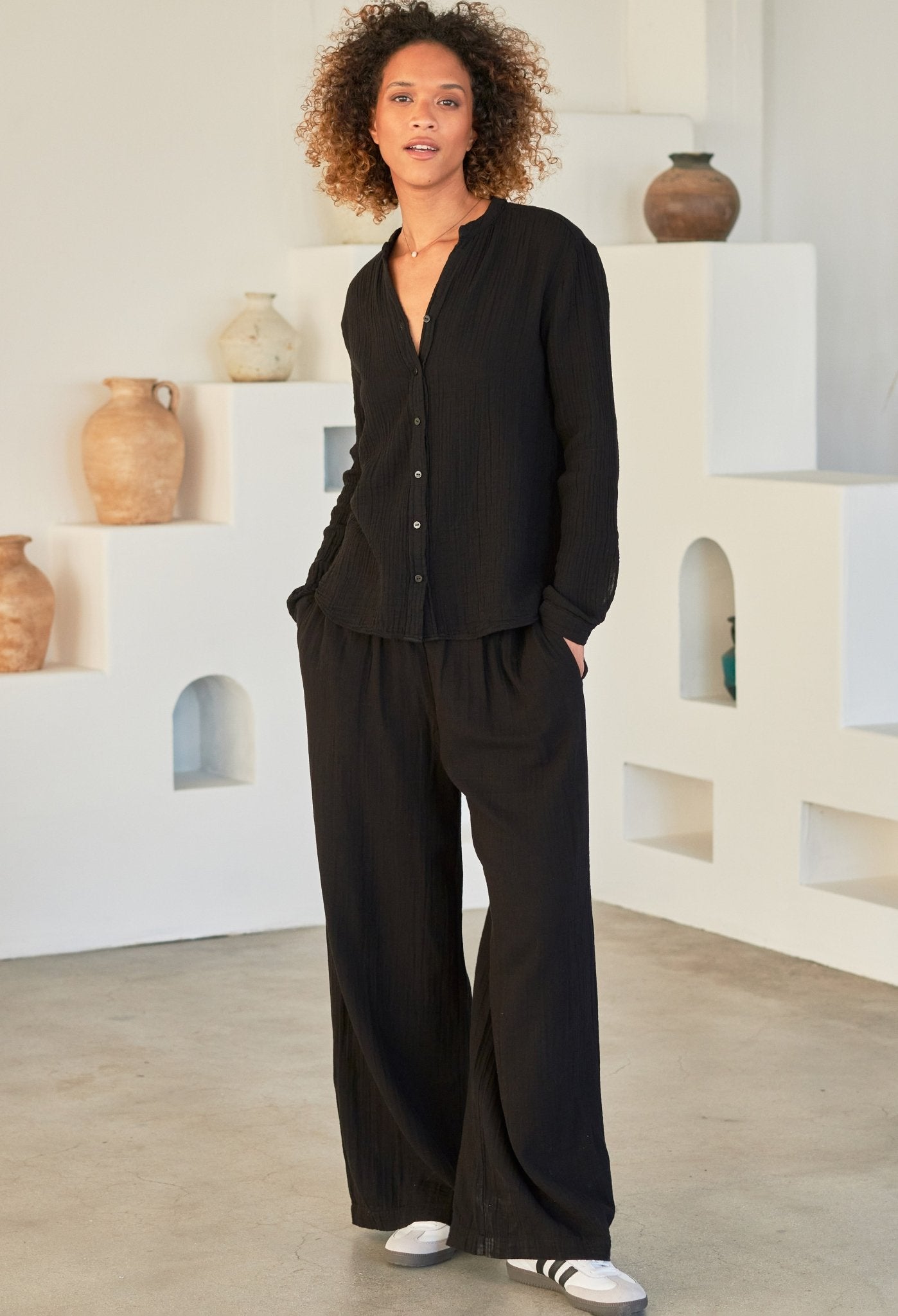 The Perfect Button Front Cotton Top in Black