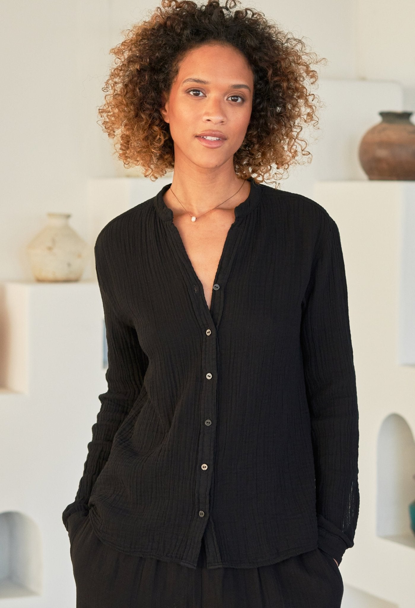 The Perfect Button Front Cotton Top in Black