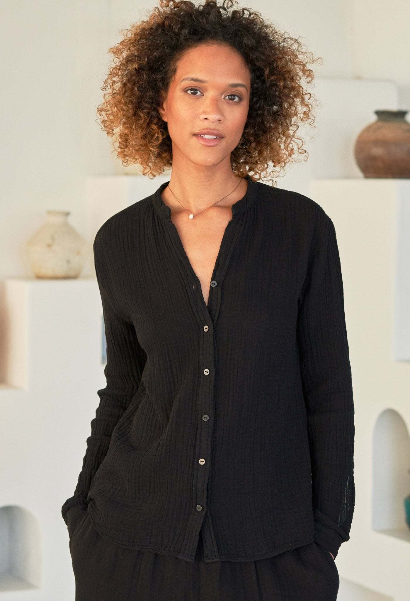The Perfect Button Front Cotton Top in Black
