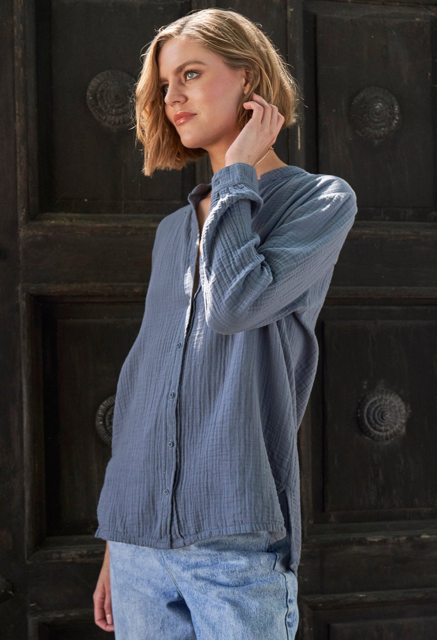The Perfect Button Front Cotton Top in Petrol