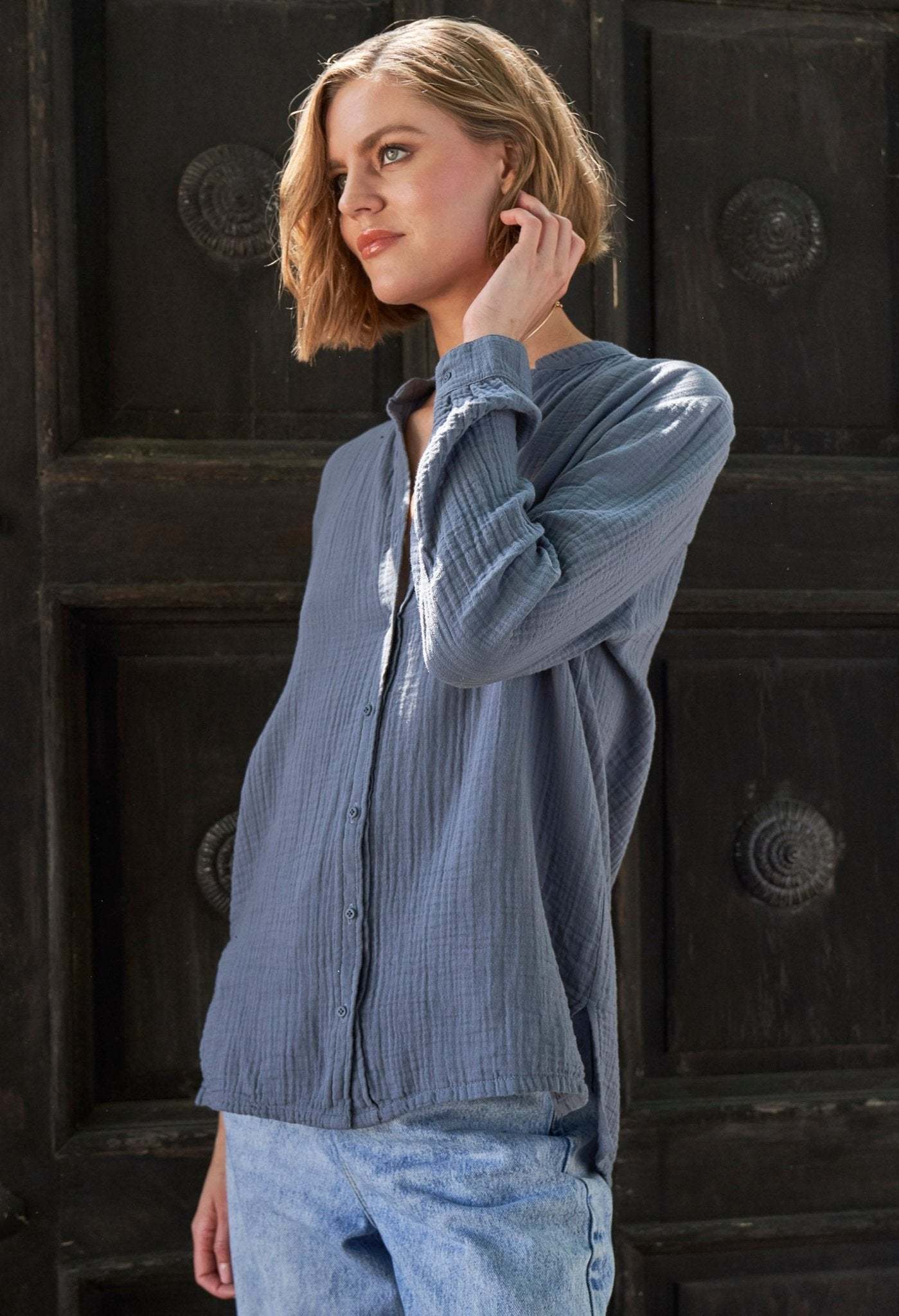 The Perfect Button Front Cotton Top in Petrol