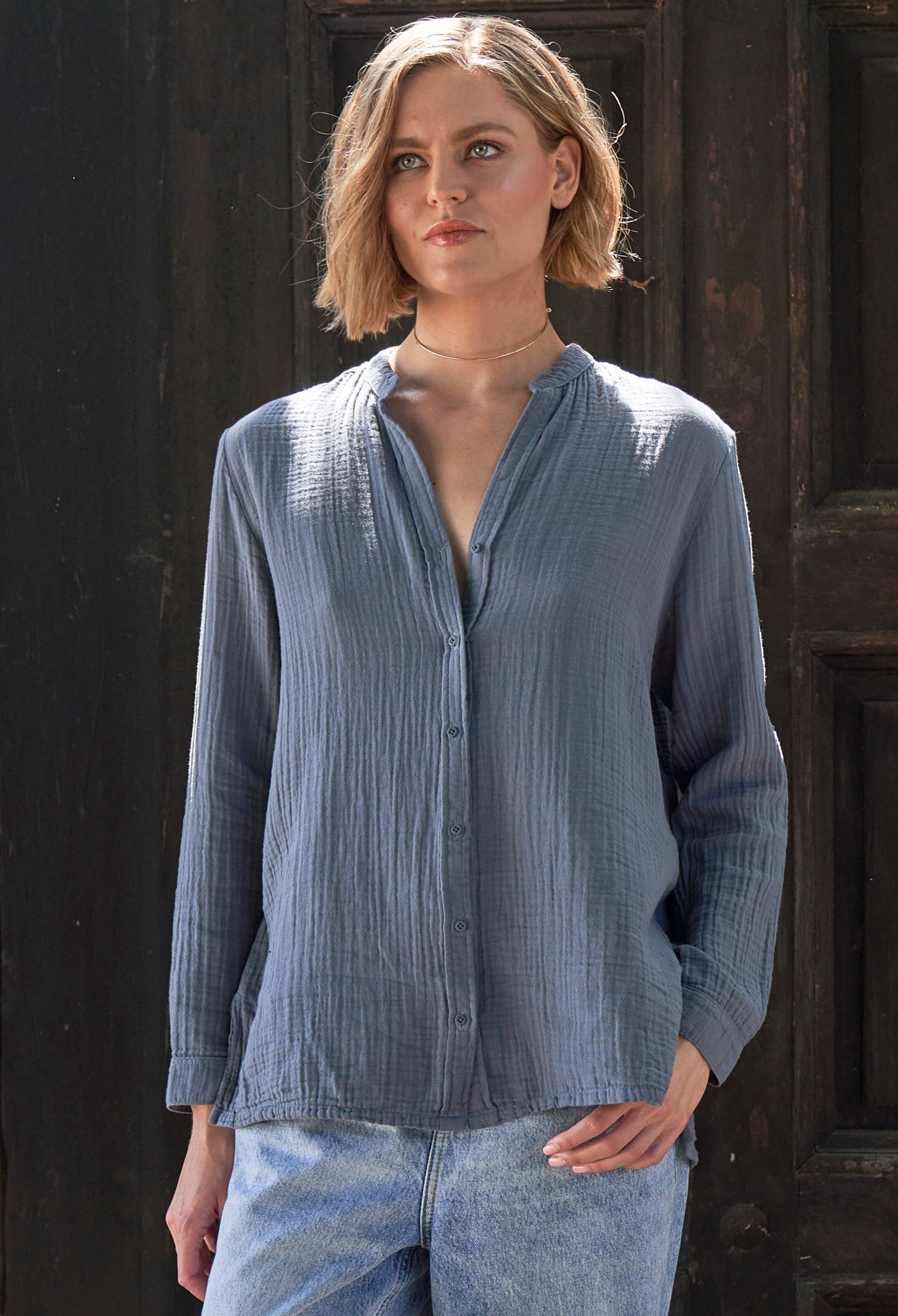 The Perfect Button Front Cotton Top in Petrol