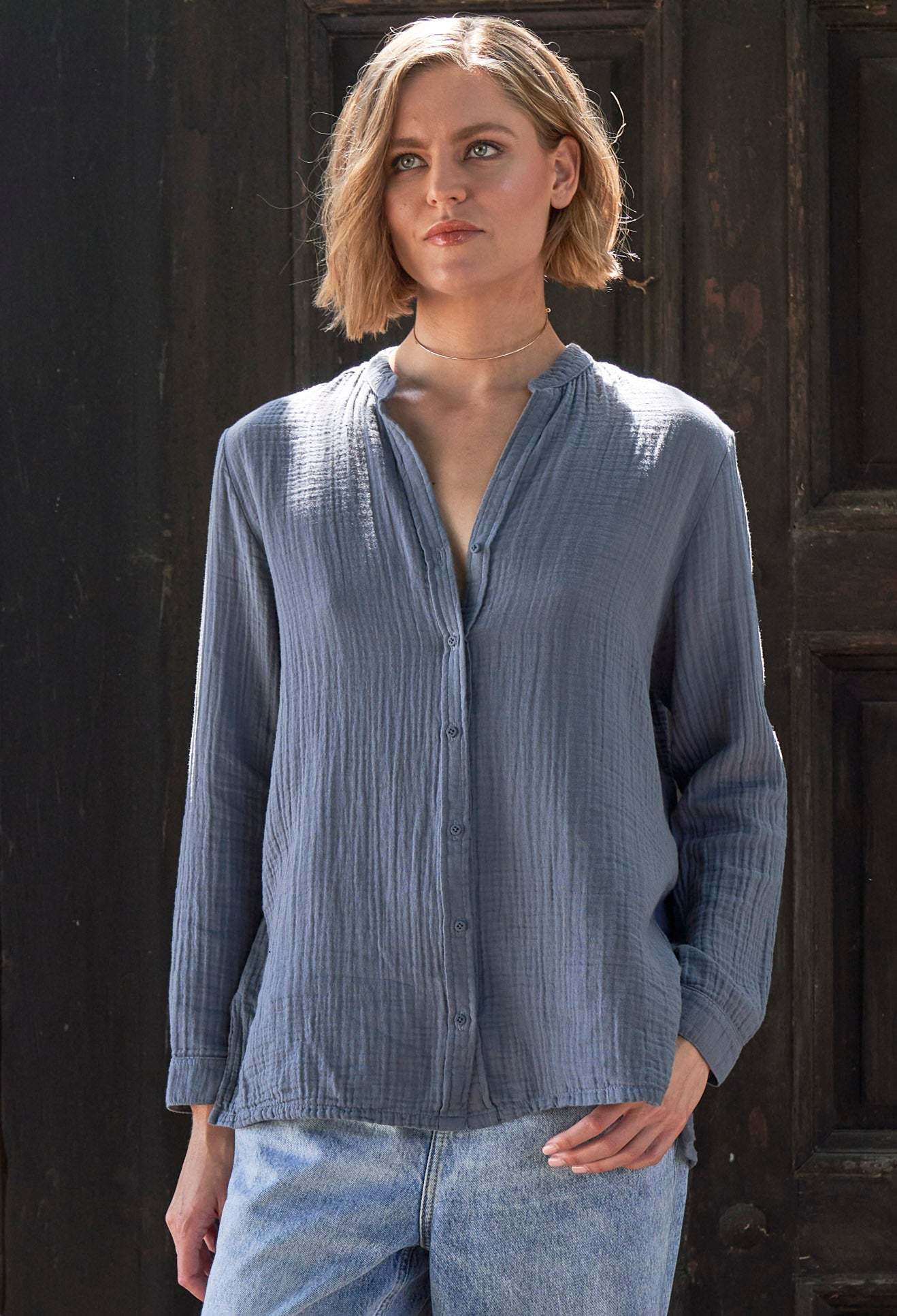 The Perfect Button Front Cotton Top in Petrol