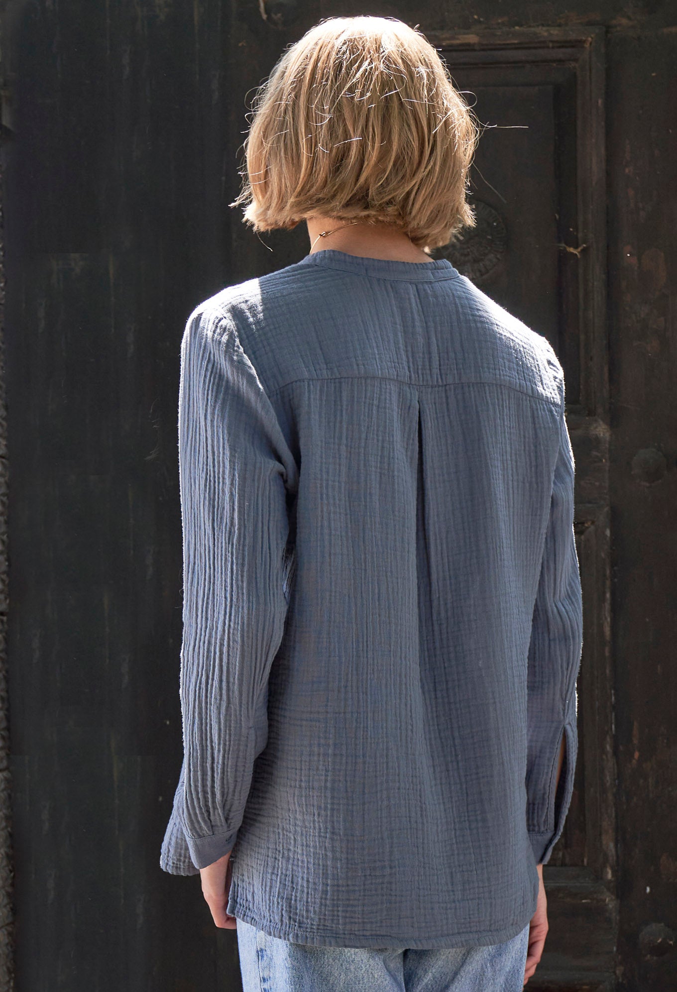 The Perfect Button Front Cotton Top in Petrol