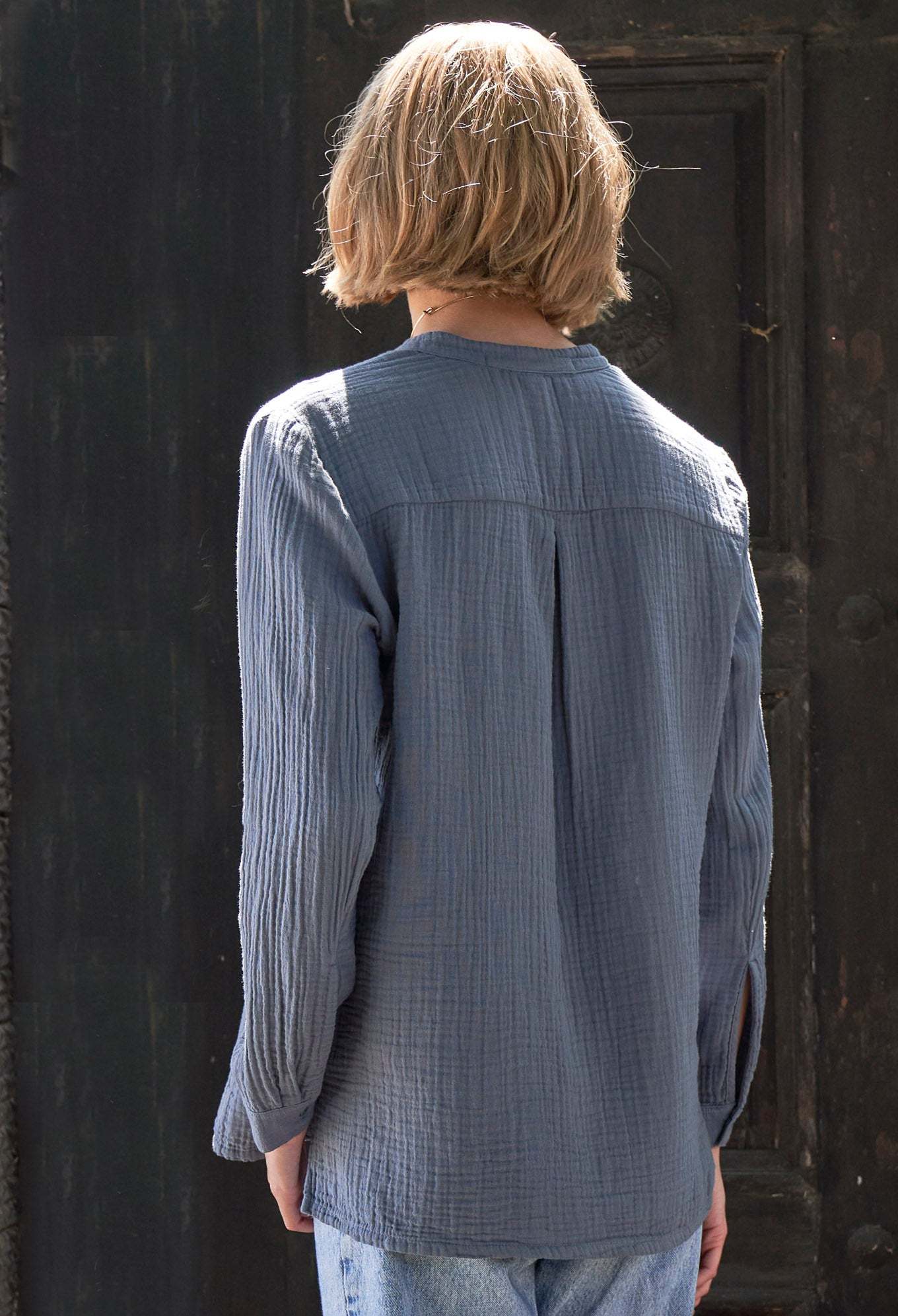The Perfect Button Front Cotton Top in Petrol
