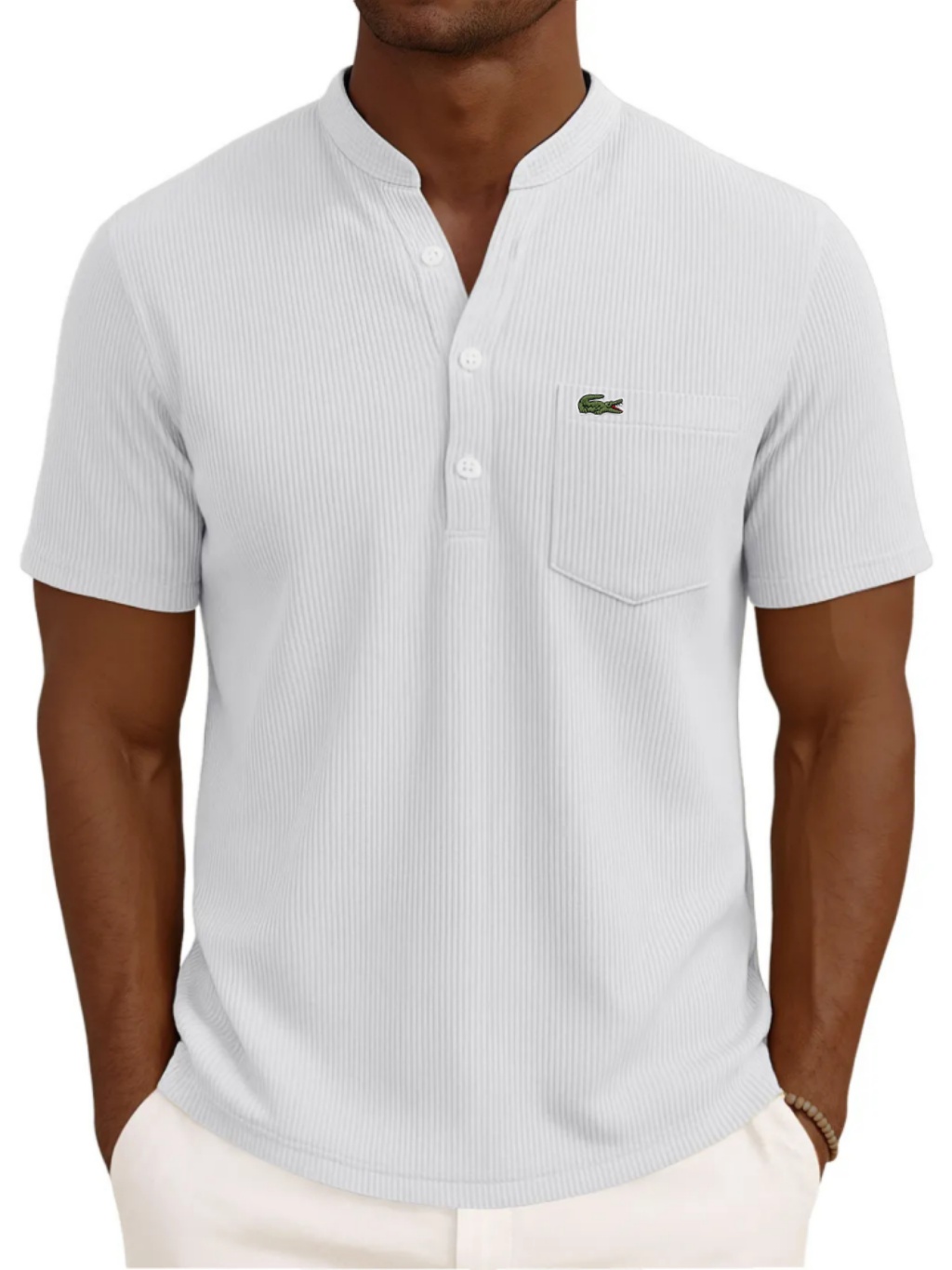 Men's Henley Collar Solid Color Loose And Comfortable Vertical Striped Pocket Short-sleeved Top