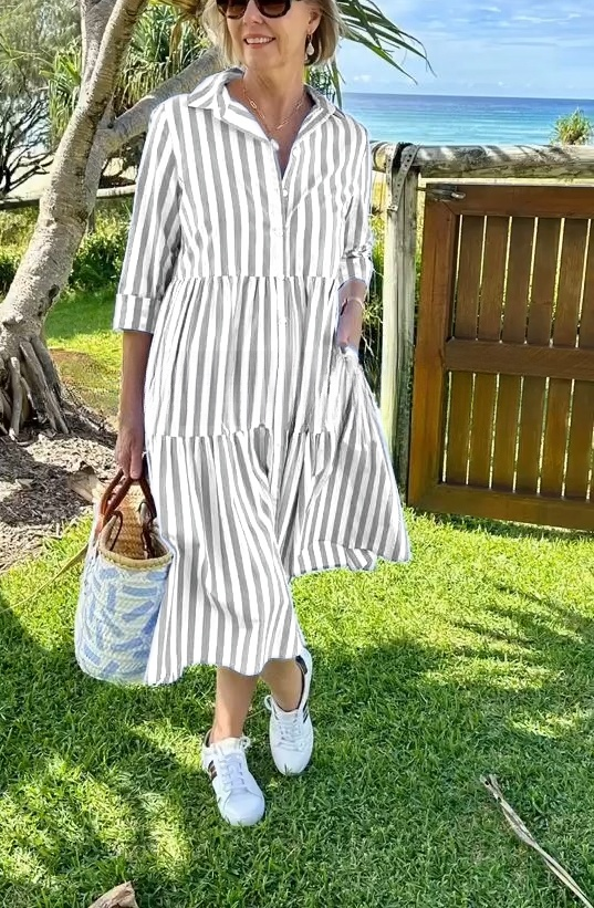 2025 Spring and Summer Shirt Collar Striped Print Dress