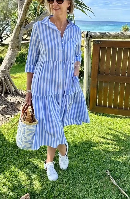 2025 Spring and Summer Shirt Collar Striped Print Dress
