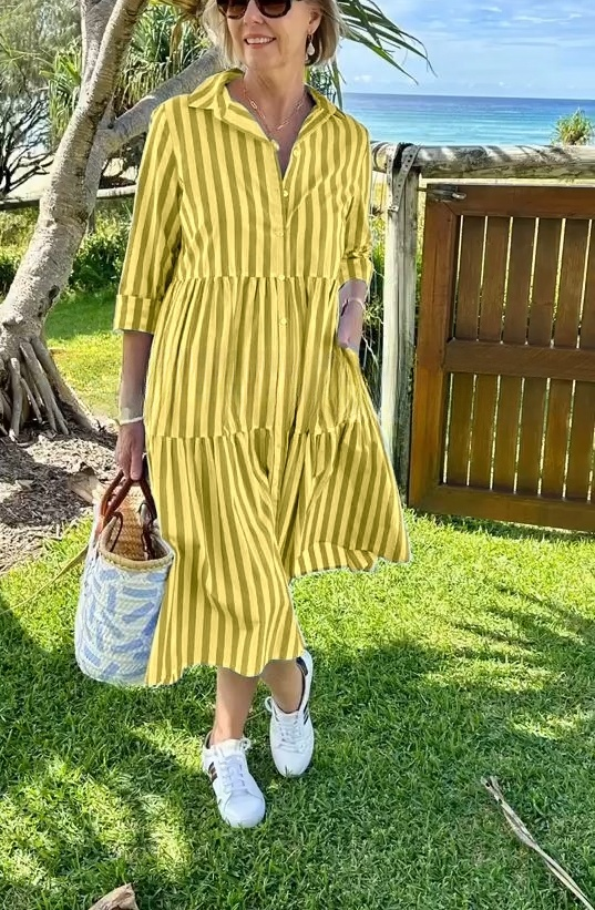 2025 Spring and Summer Shirt Collar Striped Print Dress