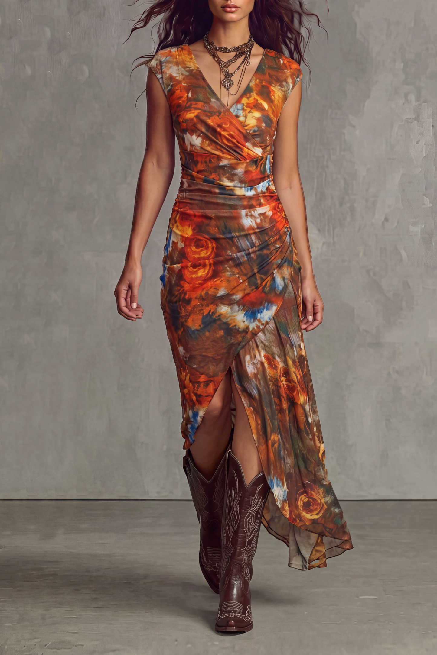Hovaira V Neck Ruched Floral Midi Dress